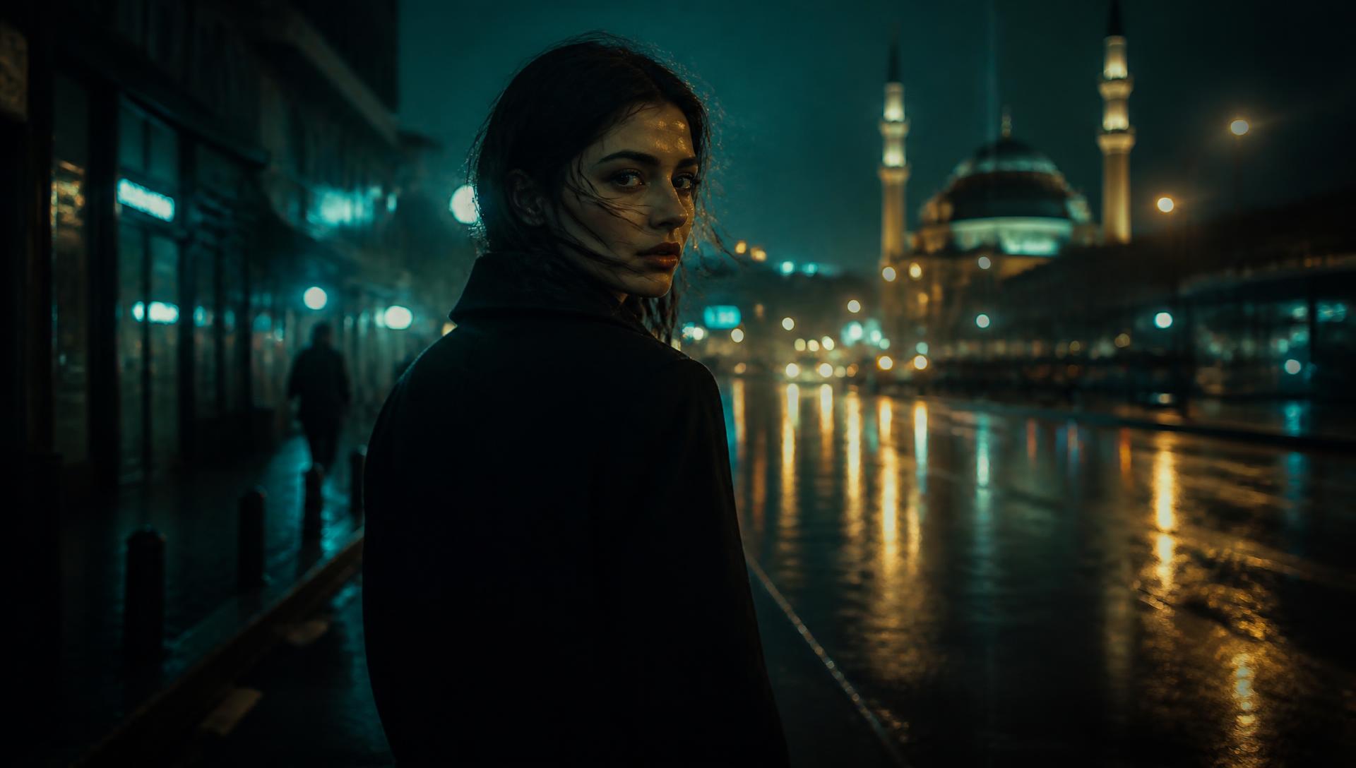 Yağmurlu bir gecede şehirde yürüyen kadın — KisaDiziFilm öne çıkan yapım